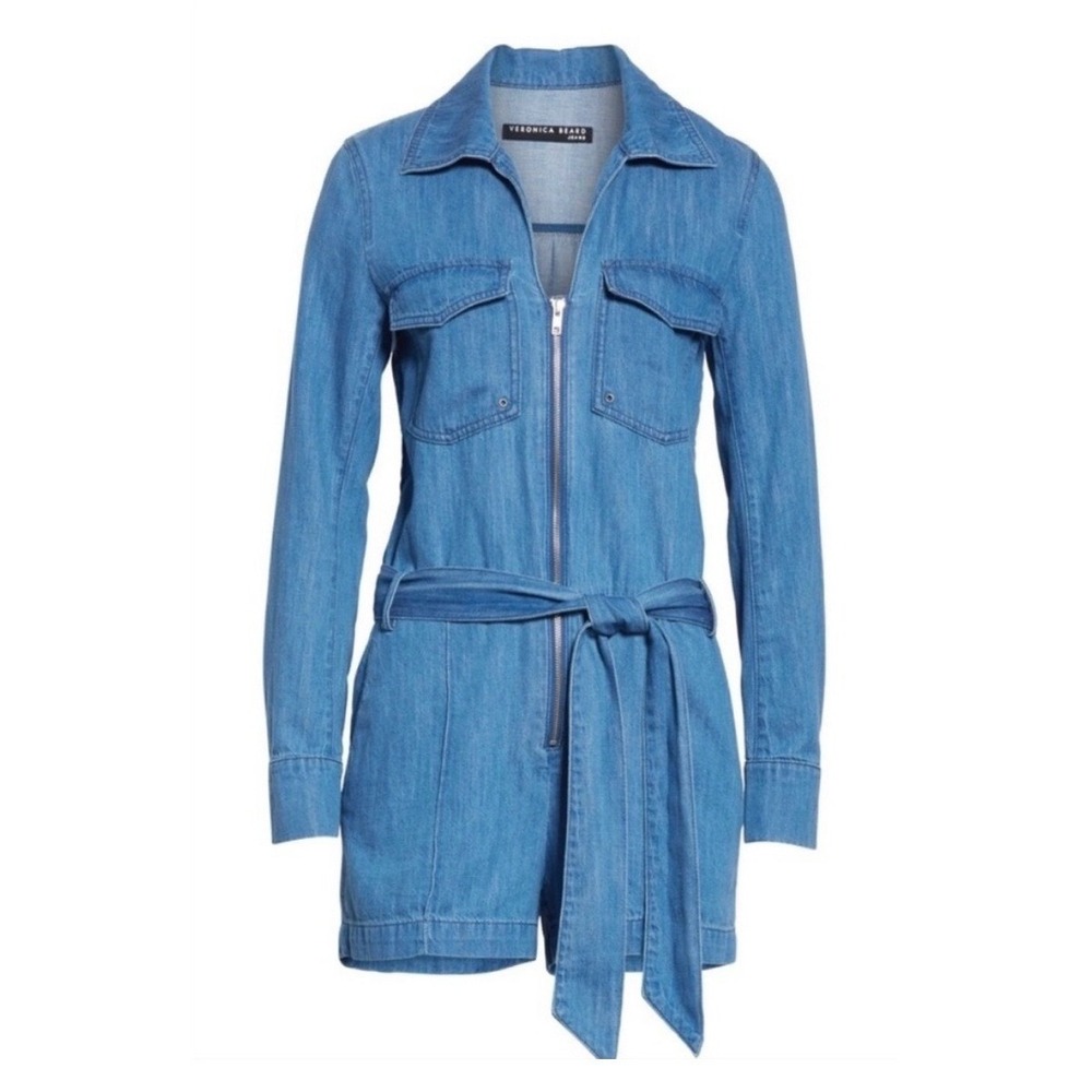 Veronica Beard Jeans Keenan Blue Cotton Linen Belted Chambray Zip Romper Small